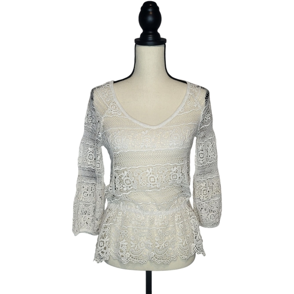 Free People We The Free cream crocheted lace peplum v neck 3/4 sleeve top size S